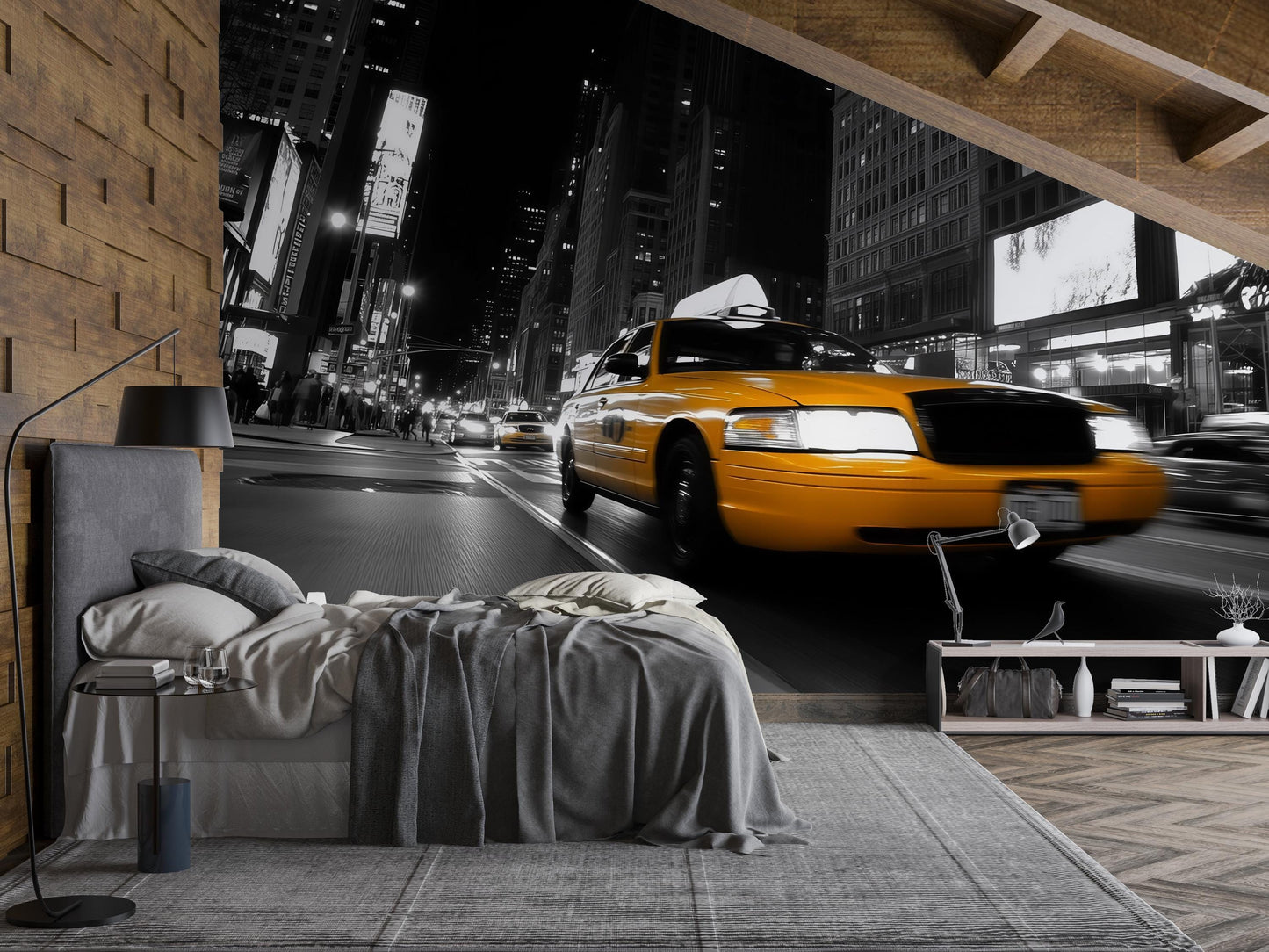 NYC Taxi Wall Mural – Yellow Cab Black White City Wallpaper Vn905