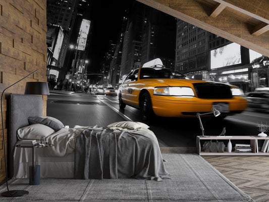 NYC Taxi Wall Mural – Yellow Cab Black White City Wallpaper Vn905