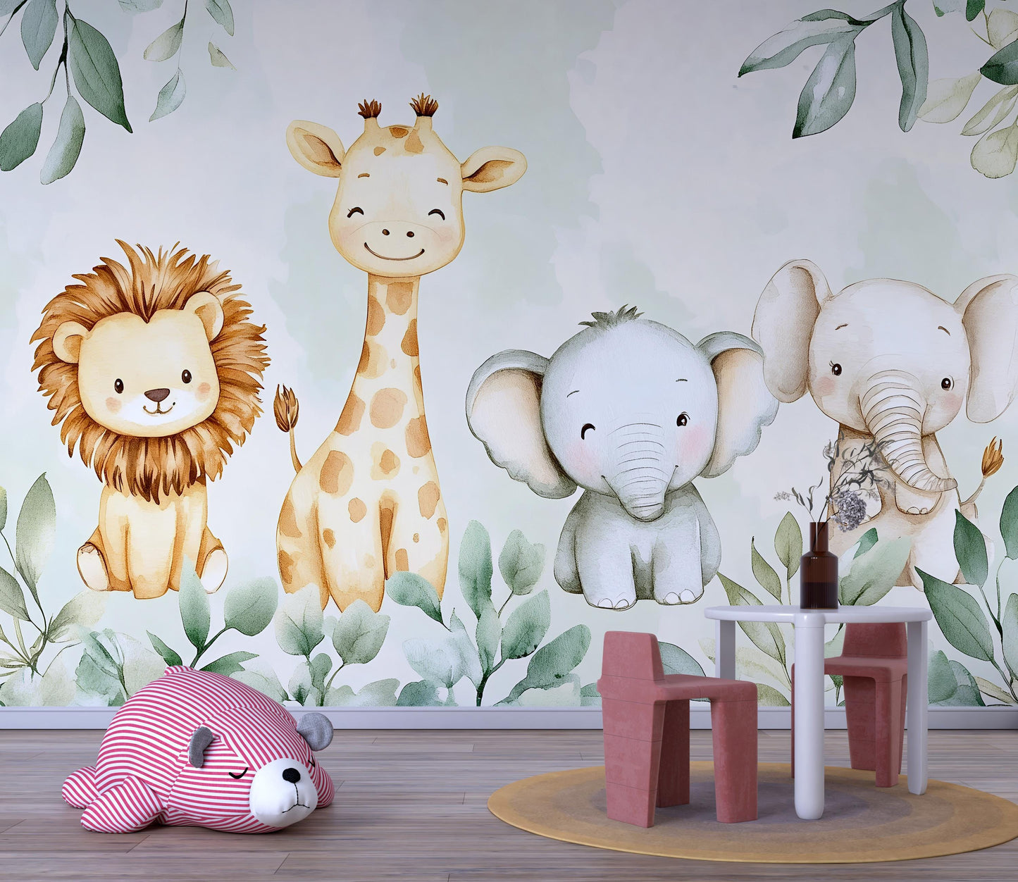 Safari Jungle Wall Mural – Cute Lion Giraffe Elephant Nursery Wallpaper Vn990