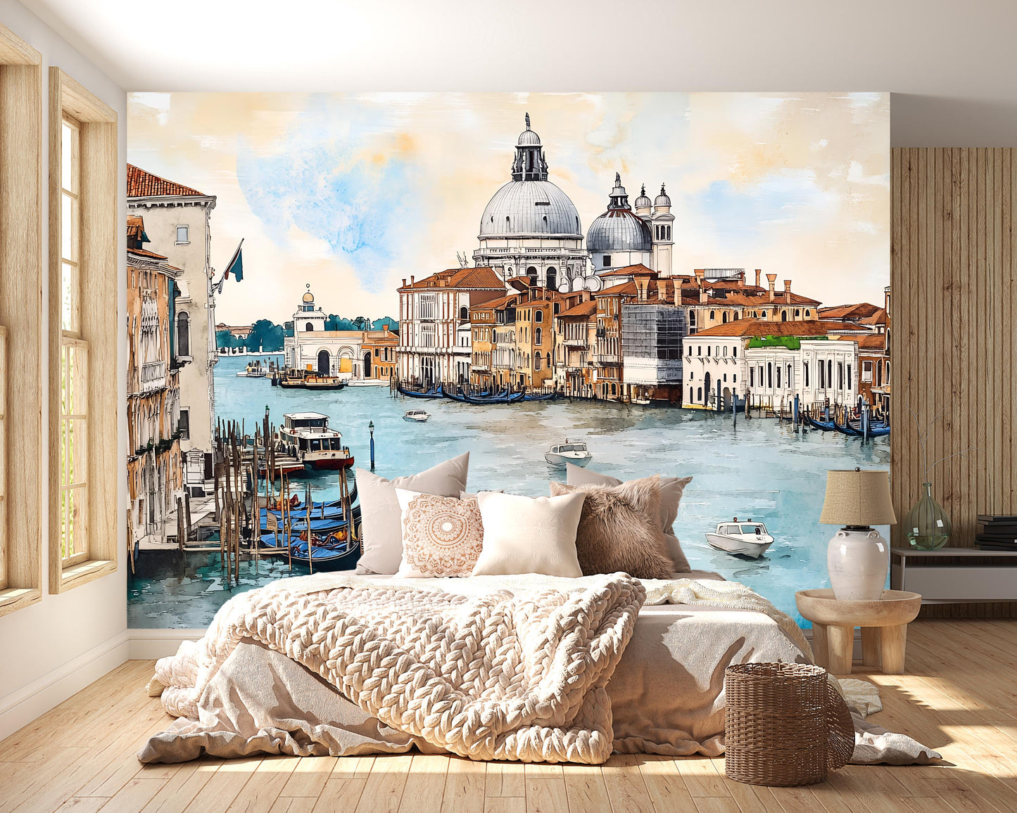 Venice Grand Canal Basilica Wall Mural – Italy Watercolor Gondola Wallpaper for Bedroom & Living Room Vn920