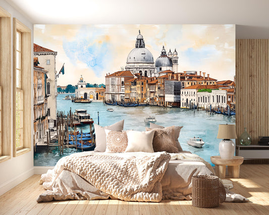 Venice Grand Canal Basilica Wall Mural – Italy Watercolor Gondola Wallpaper for Bedroom & Living Room Vn920
