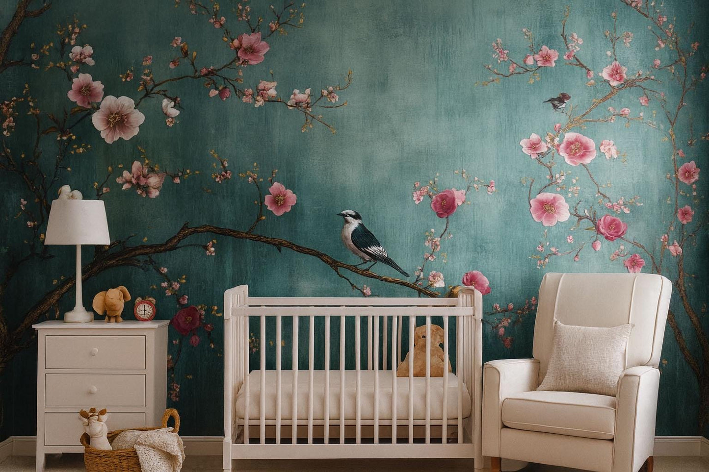 Cherry Blossom Wall Mural – Bird and Floral Nursery Wallpaper, Elegant Botanical Accent Wall for Kids Room or Bedroom Vn856