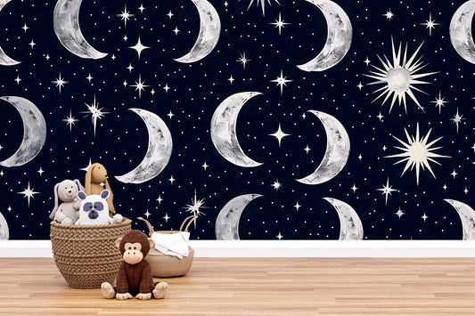 Crescent Moon Wallpaper – Starry Night Sky Wall Mural for Bedroom or Nursery Decor Vn1014