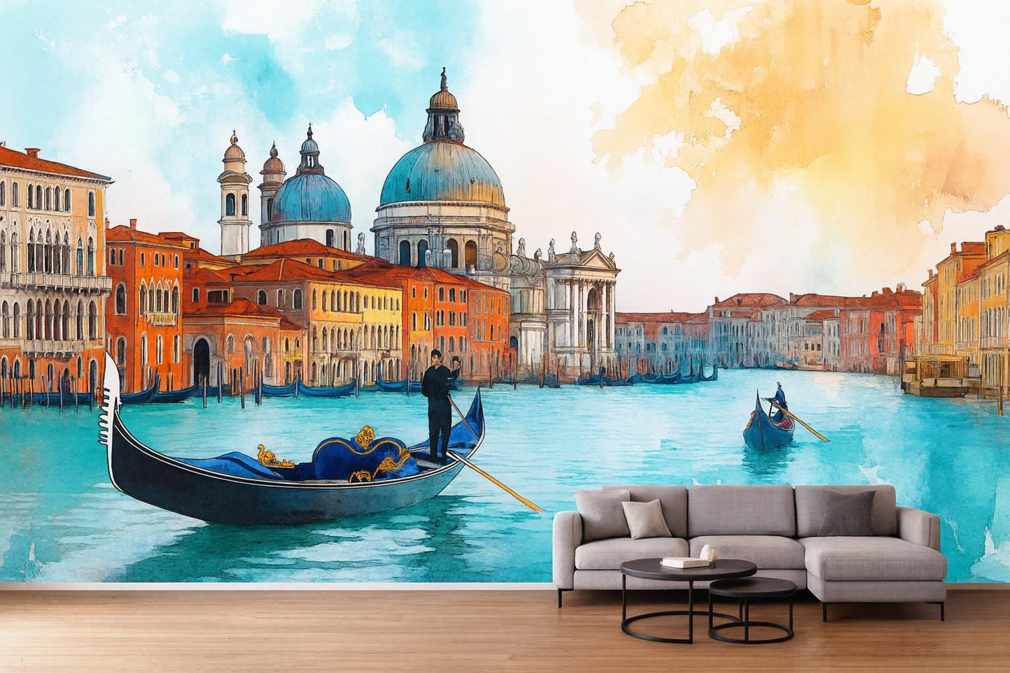 Venice Gondola Basilica Wall Mural – Watercolor Italy Grand Canal Wallpaper for Living Room & Bedroom Vn921