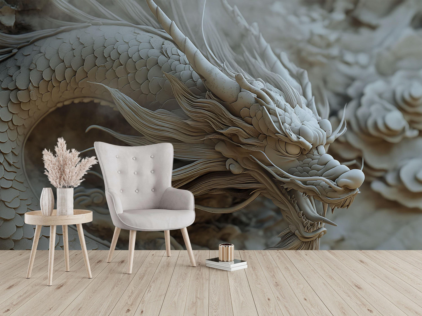 3D Asian Dragon Wall Mural | Mythical Beast Wallpaper | Serene Zen Home Decor | Fantasy Oriental Dragon Art Print Vn594