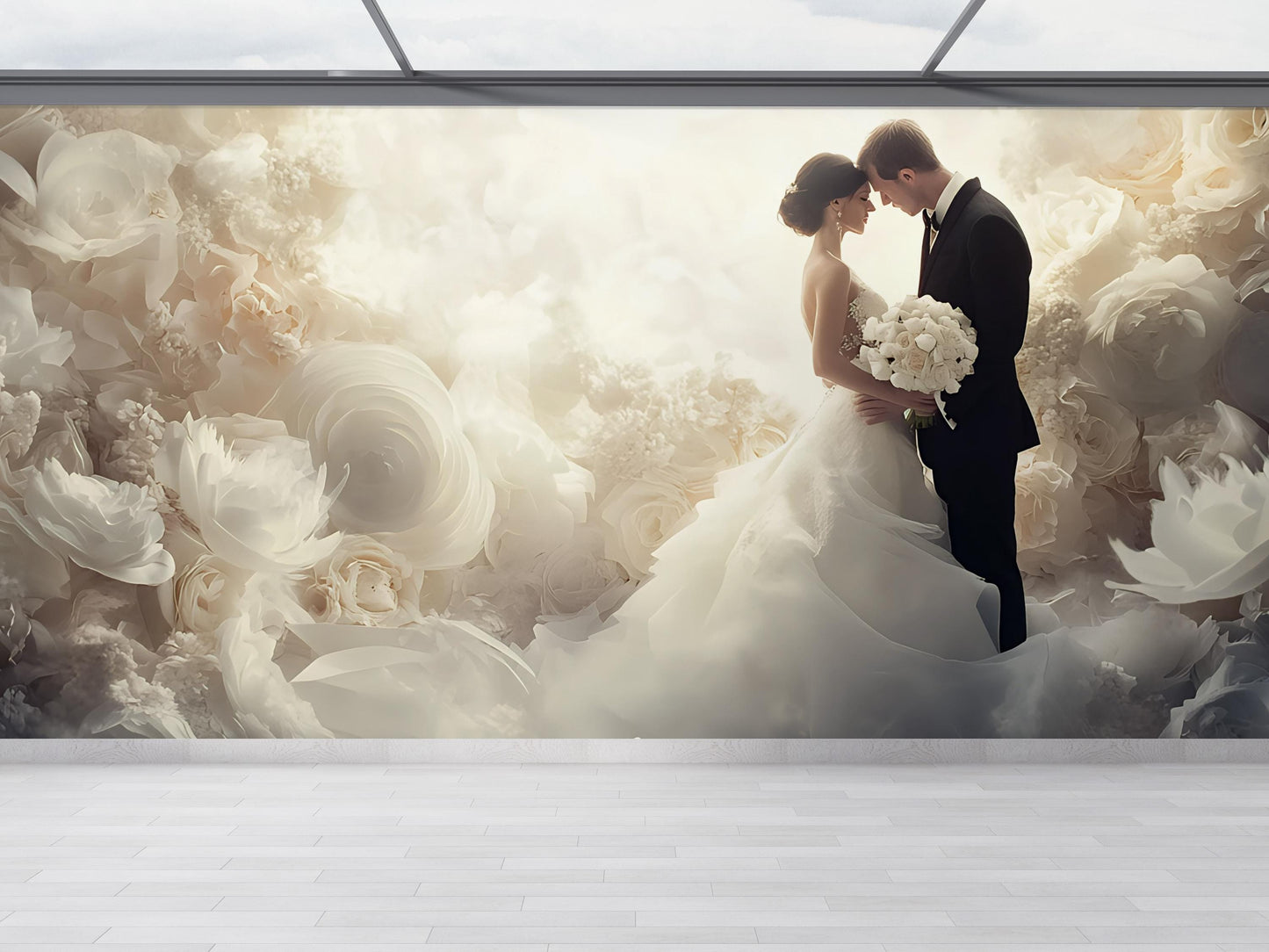 Romantic Wedding Couple Wall Mural – Elegant Floral Bridal Backdrop, Arch Door Nature Design, Custom Wallpaper Art Vn506