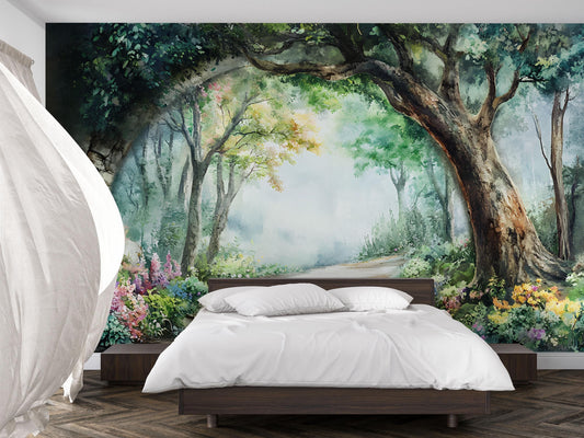 Nature Forest Path Wall Mural – Large Scenic Landscape Wallpaper for Bedroom, Living Room, or Office Vn761