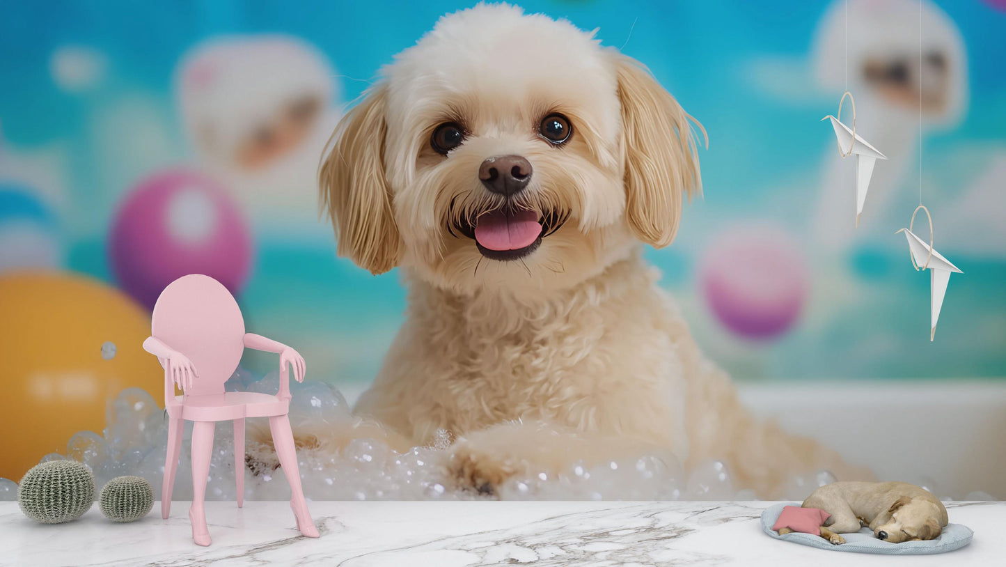 Cute Dog Bubble Bath Wall Mural – Whimsical Pet-Themed Wallpaper for Kids Room or Pet Salon Decor Vn670