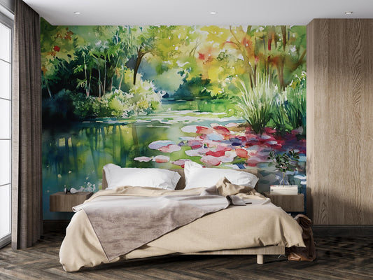 Watercolor Nature Wall Mural | Tranquil Forest Lake Wallpaper | Bedroom Accent Wall Art Vn550
