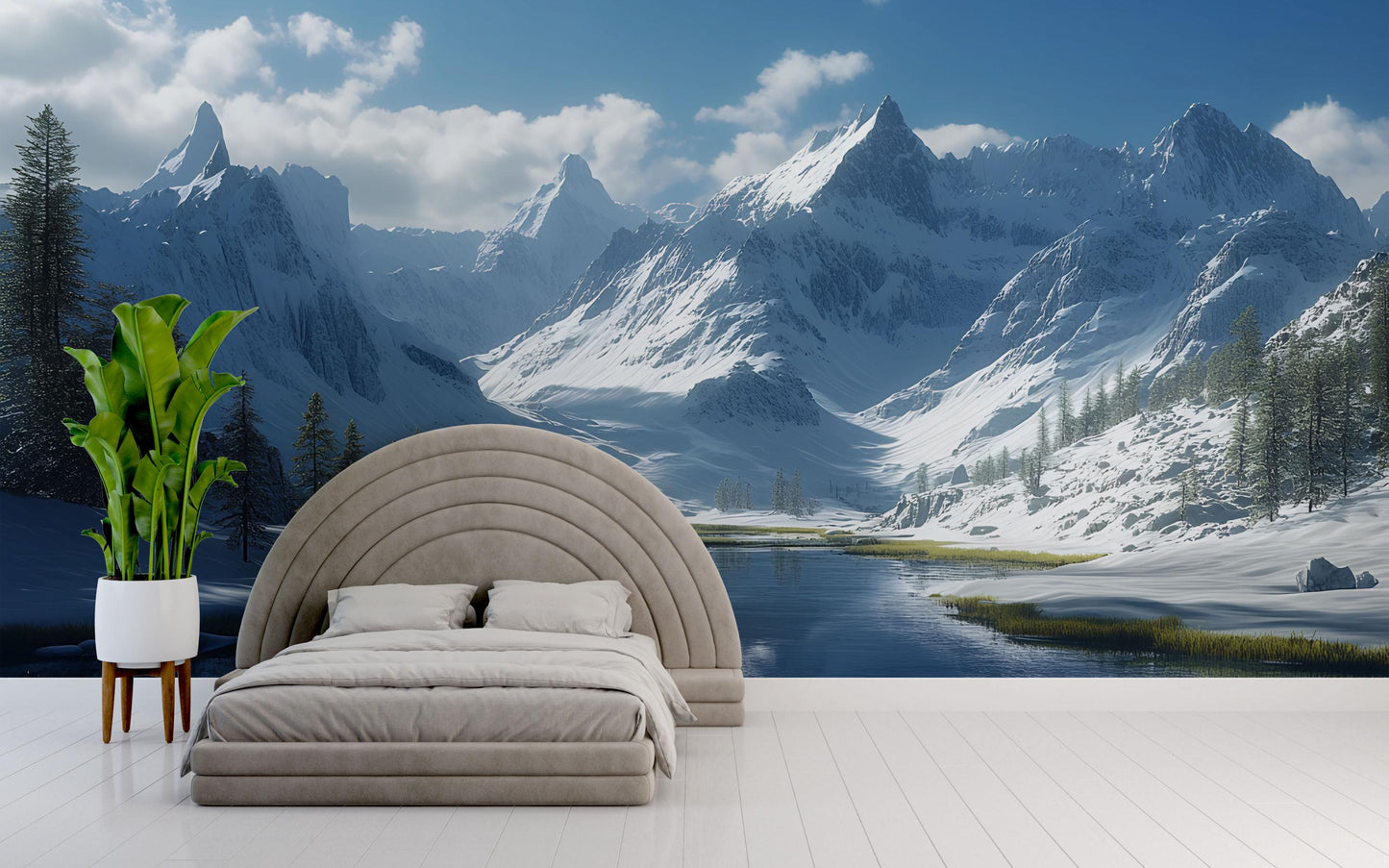 Snowy Mountain Wall Mural | Winter Landscape Bedroom Wallpaper Vn696
