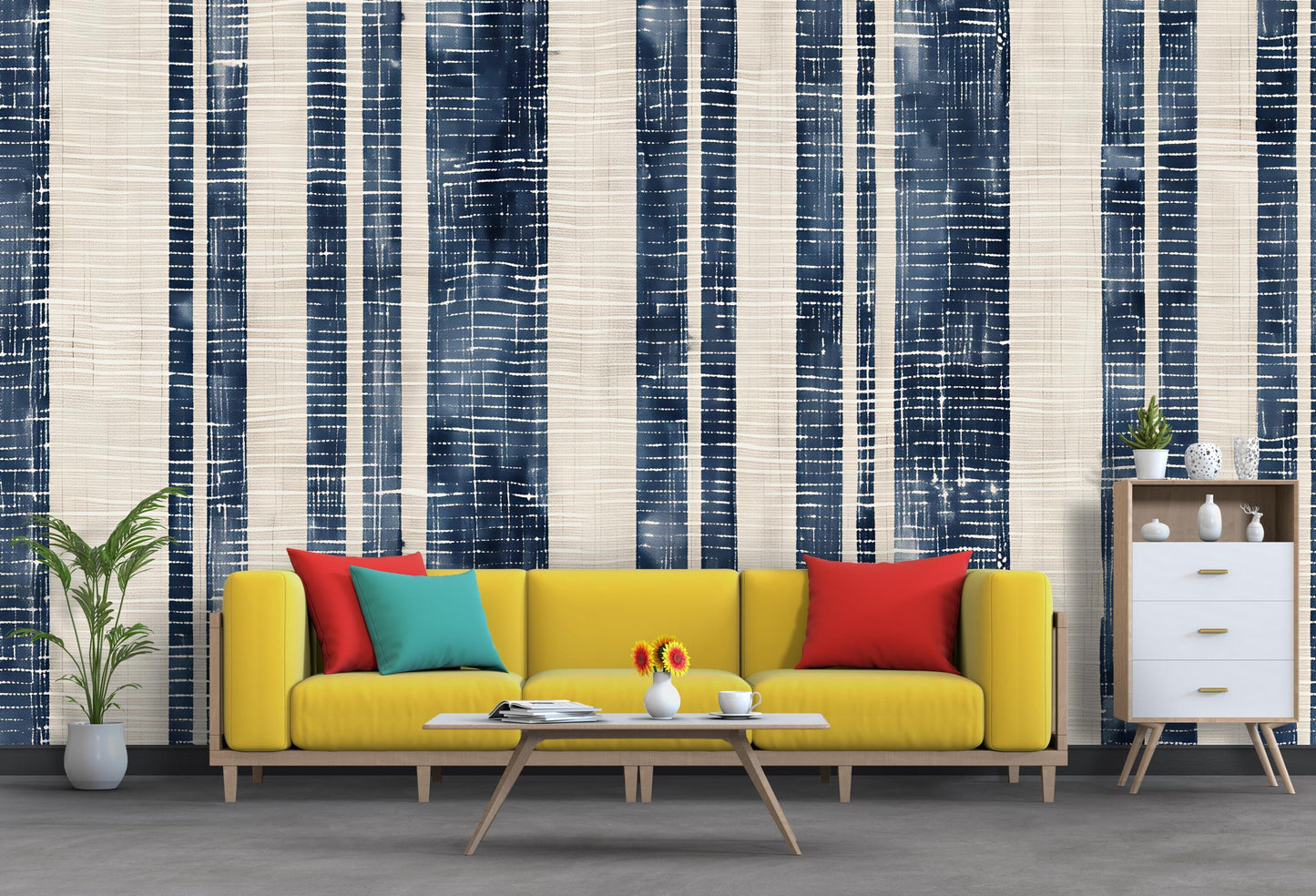Navy Blue Striped Wallpaper | Modern Coastal Wall Mural | Vertical Stripe Wall Decor Vn1030