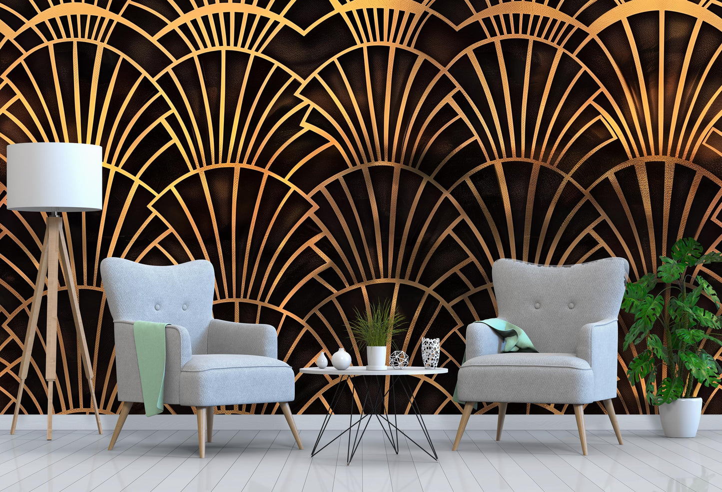 Art Deco Wall Mural – Luxury Gold Fan Pattern Wallpaper for Living Room, Bedroom, Office or Bar Decor Vn1086