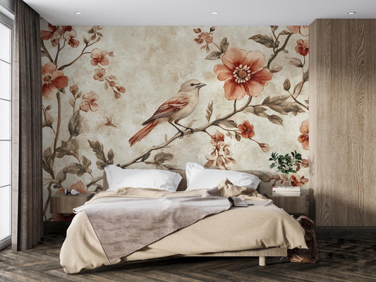 Vintage Bird Mural – Rustic Floral Botanical Wallpaper Wall Art Vn1000