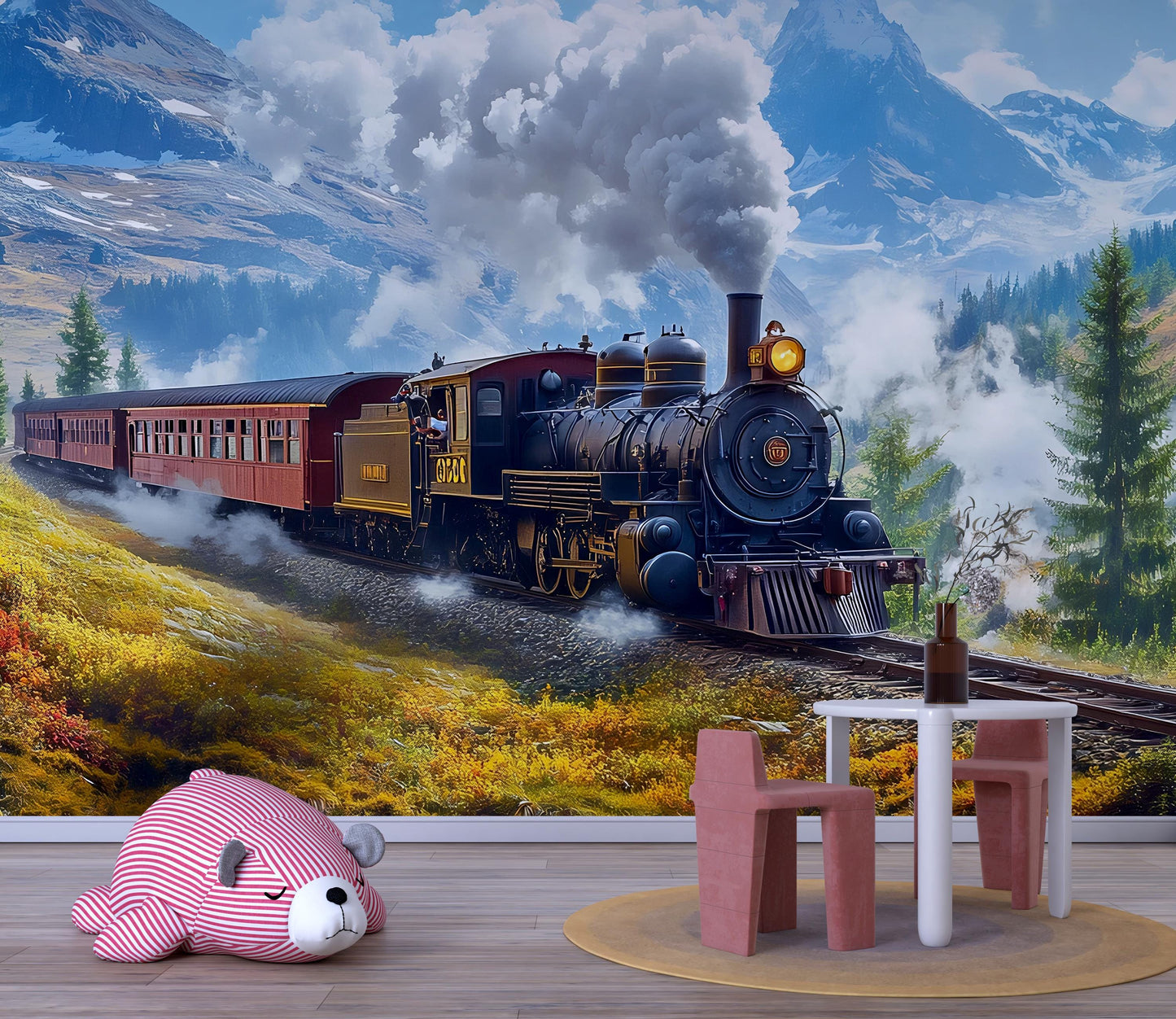 Vintage Steam Train Wall Mural for Kids Room | Mountain Landscape Train Wallpaper | Playroom Decor with Plush Toy & Furniture Vn227