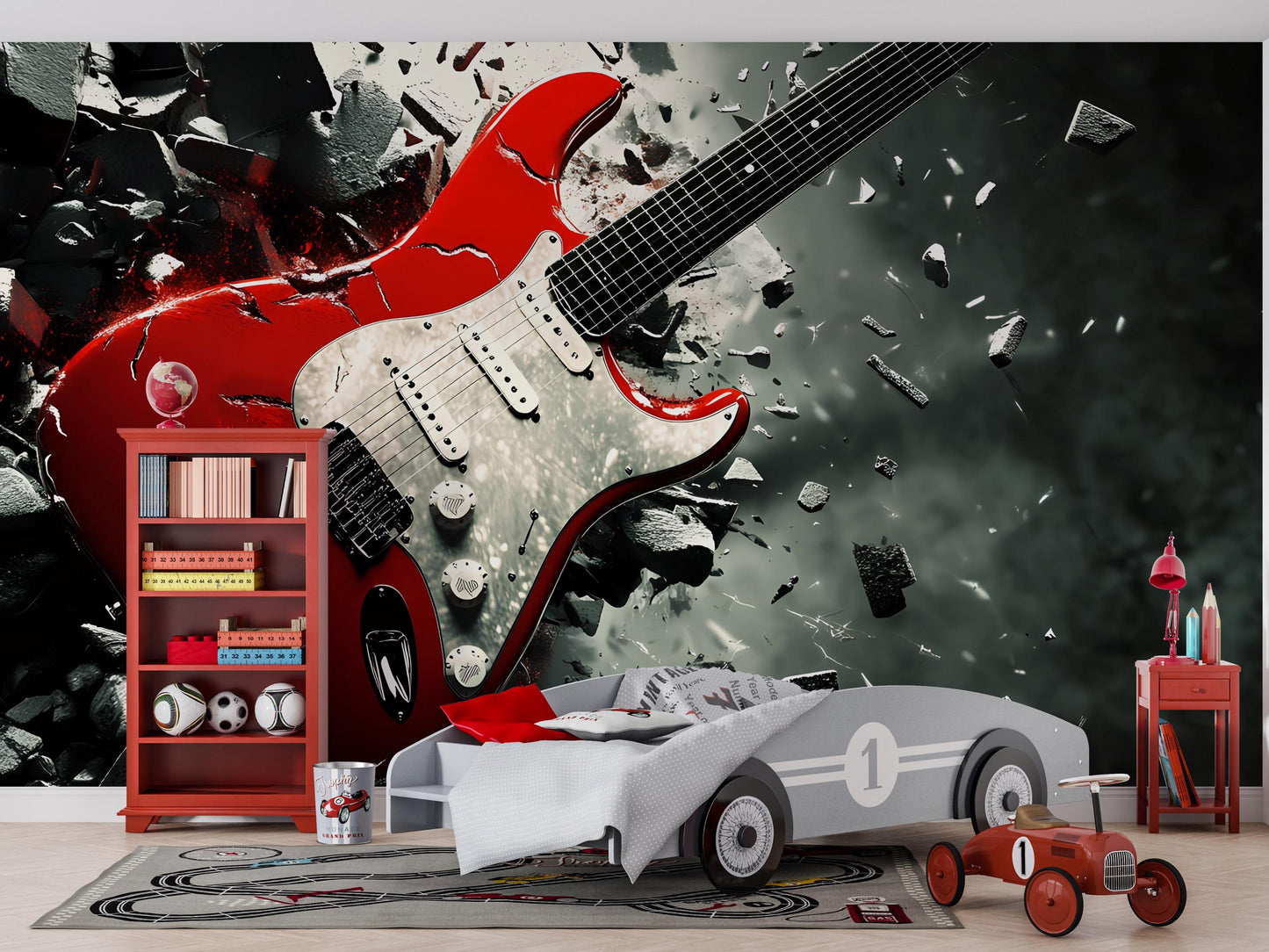 Red Electric Guitar Wall Mural for Kids Room – Bold Rock Music Wallpaper – Teen Bedroom Decor – Music Lover Gift Vn521