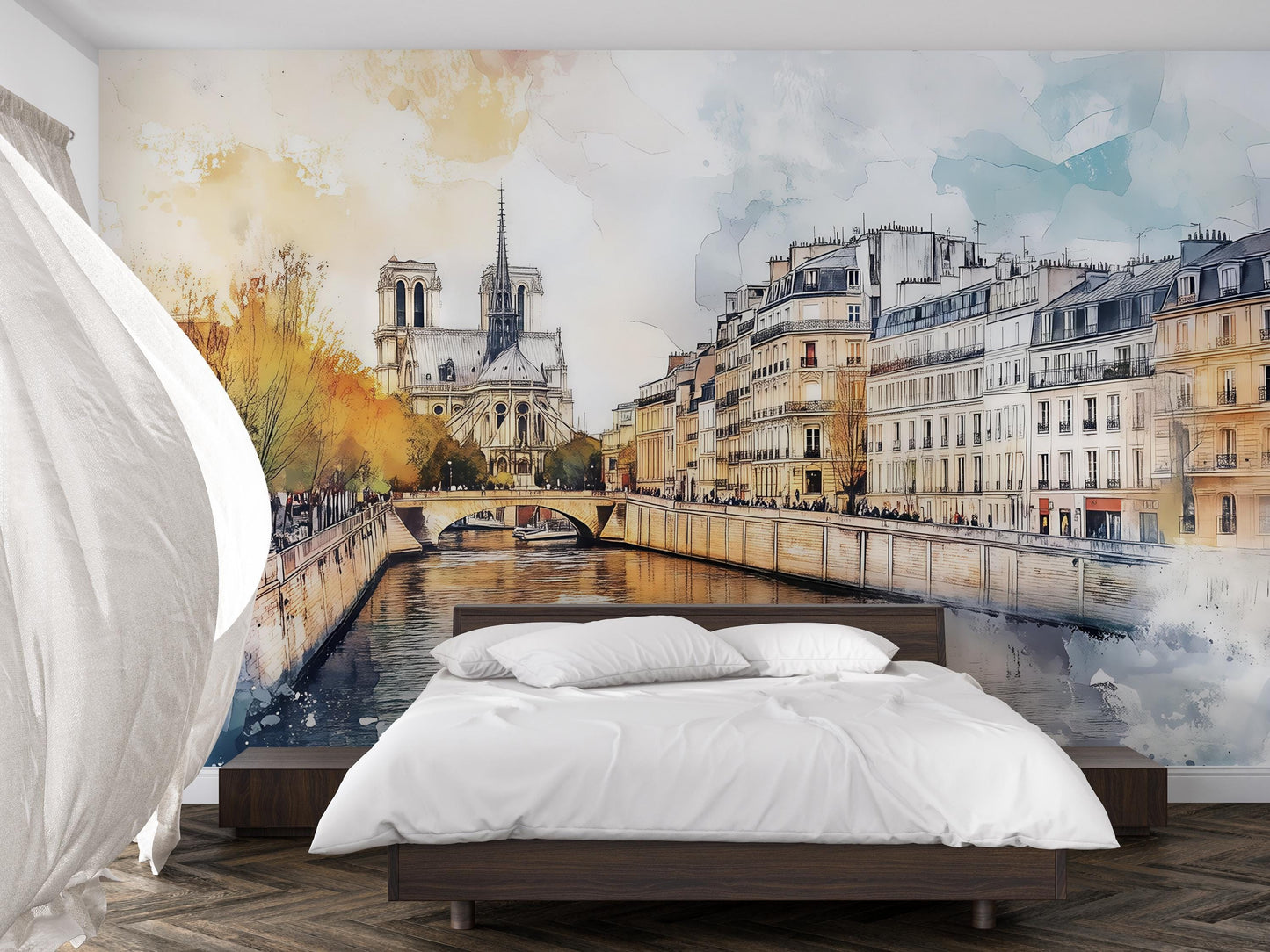Notre Dame Wall Mural – Paris Watercolor Cityscape Wallpaper Vn929