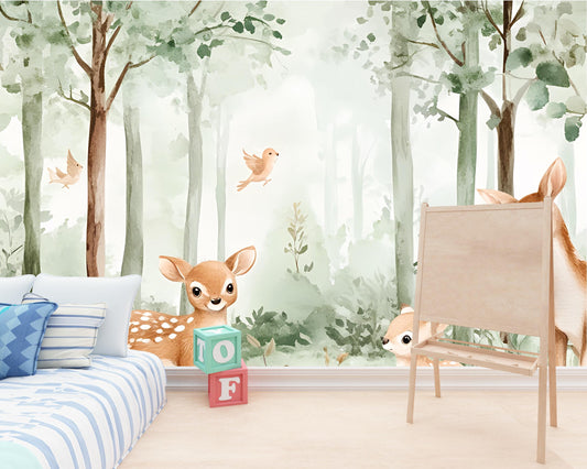 Forest Animal Nursery Wall Mural – Woodland Deer Wallpaper – Baby Room Decor – Removable Kids Wall Art – Gender Neutral Nursery Vn 297