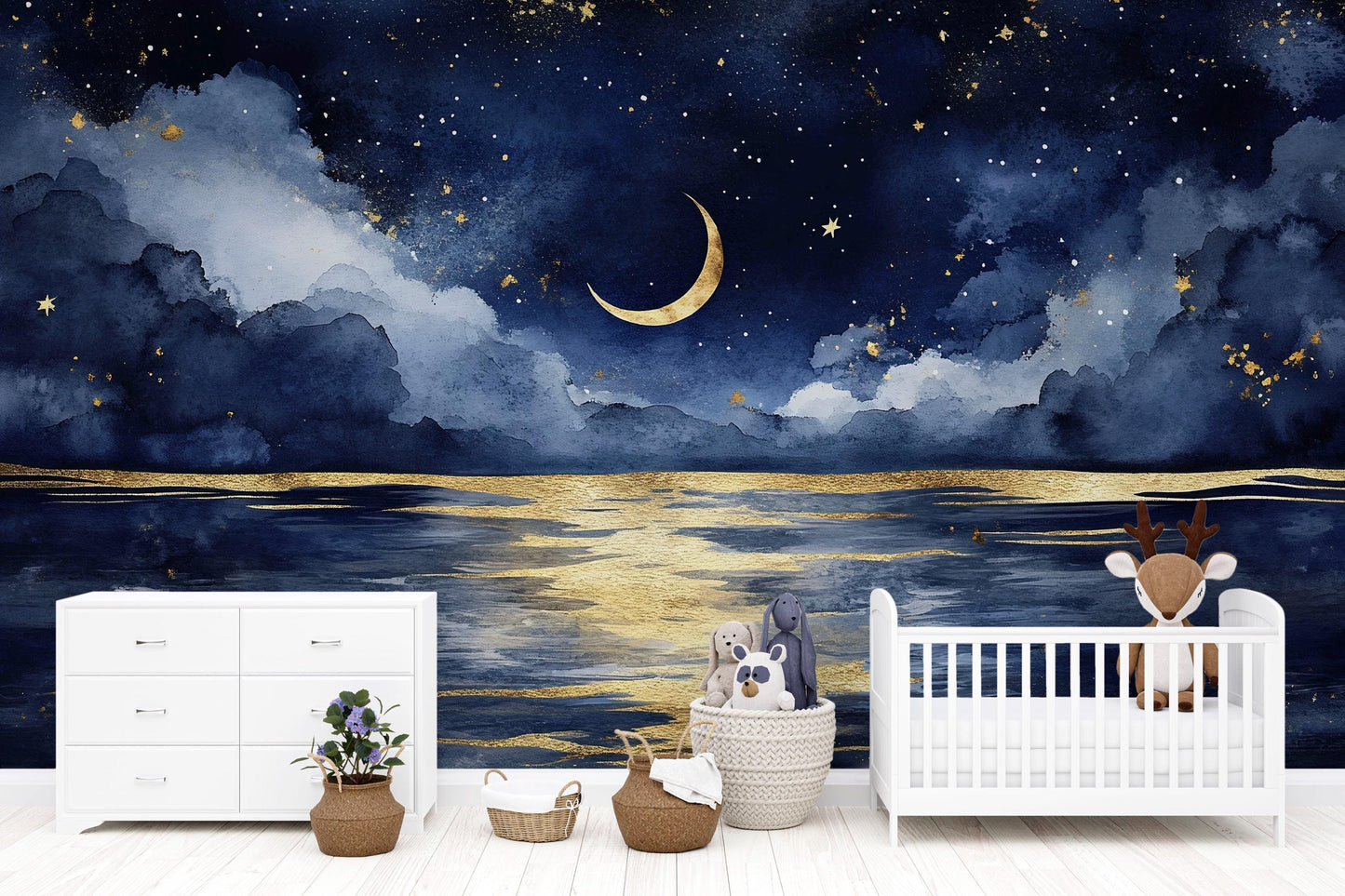 Moonlit Sea Wall Mural – Night Sky Nursery Wallpaper, Dreamy Crescent Moon Accent Wall for Kids Room or Bedroom Vn857