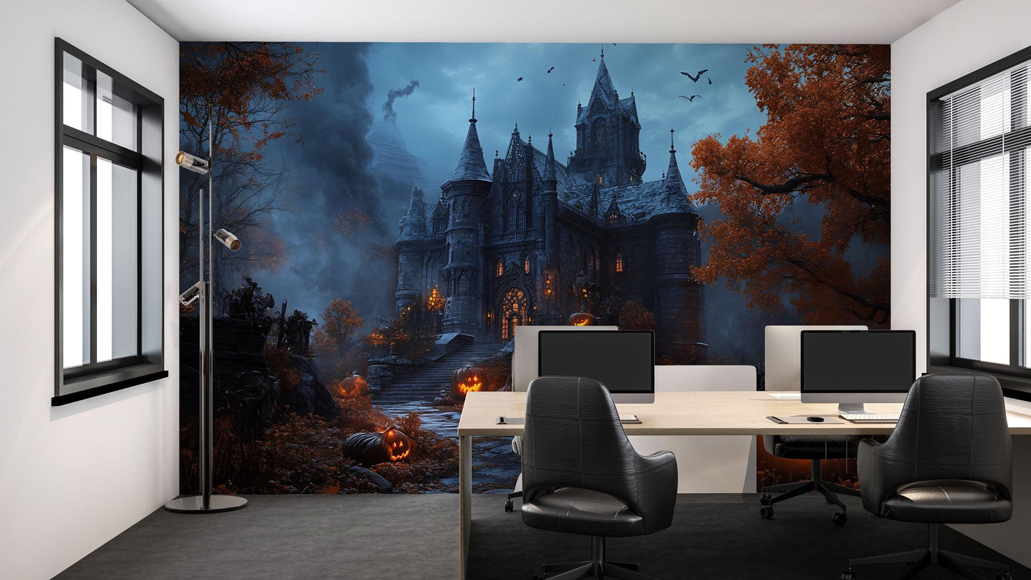 Haunted Castle & Jack-O’-Lantern Path Wall Mural – Gothic Halloween Décor Vn802