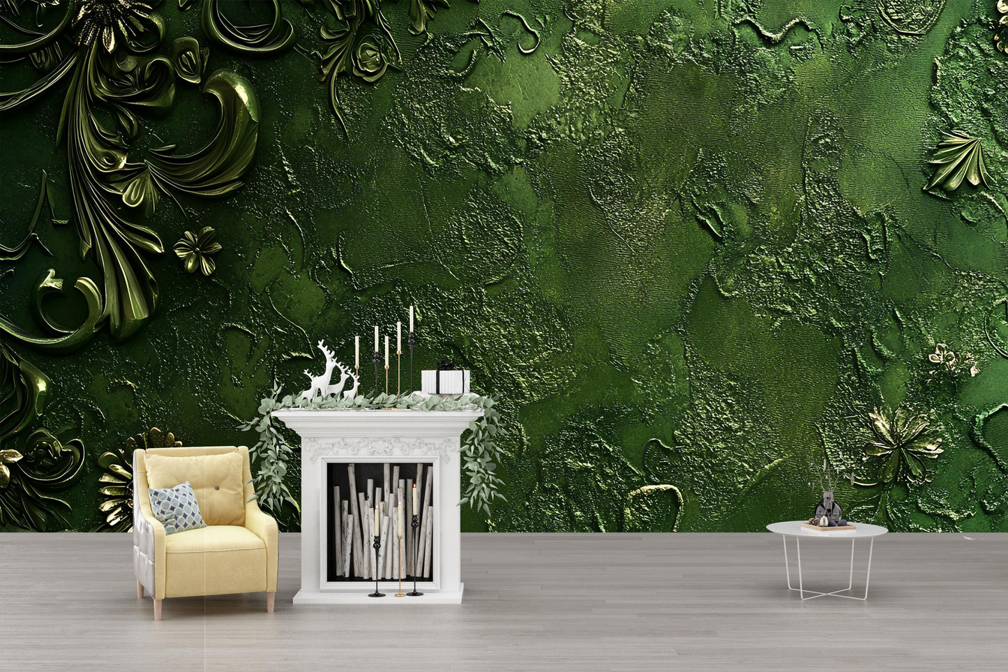 Emerald Green Textured Floral Wall Mural – 3D Luxury Botanical Accent Wallpaper for Living Room or Office Décor Vn582