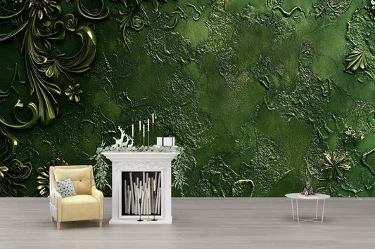 Emerald Green Textured Floral Wall Mural – 3D Luxury Botanical Accent Wallpaper for Living Room or Office Décor Vn582