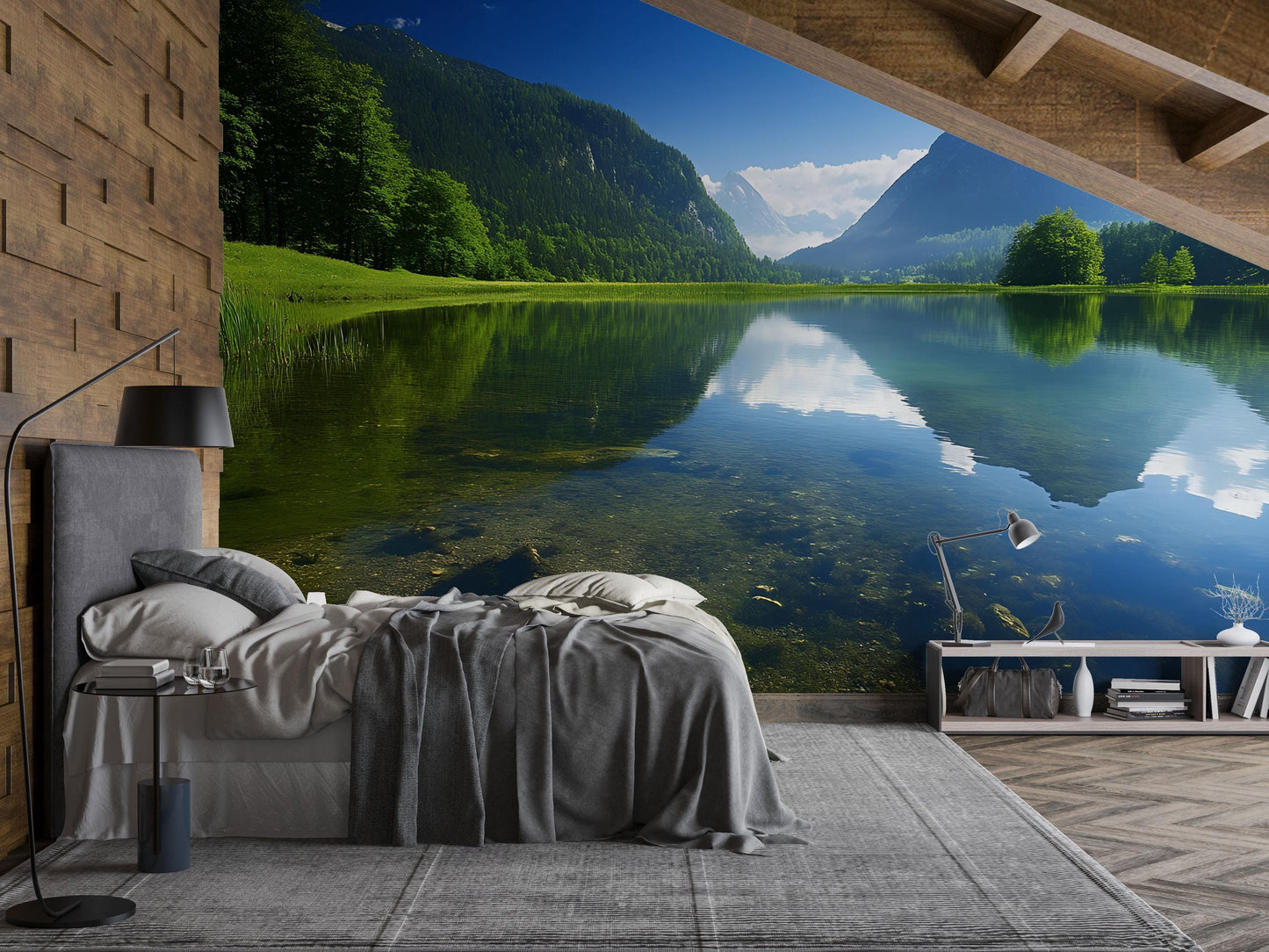 Mountain Lake Wall Mural - Scenic Nature Bedroom Wallpaper - Tranquil Forest Lake View Decor - Removable Peel and Stick Mural Vn688