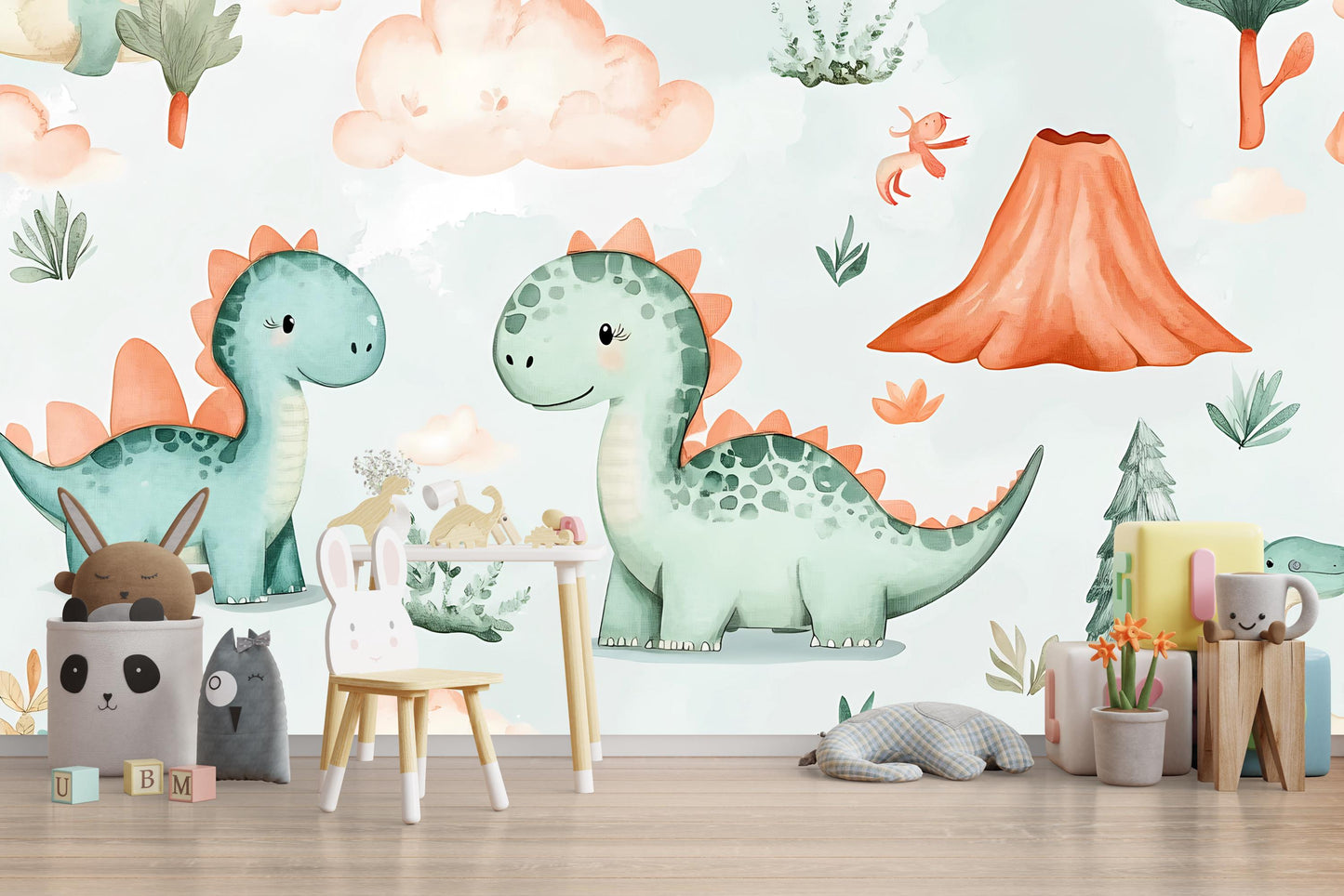 Cute Dinosaur Wall Mural – Cartoon Dino Wallpaper for Nursery, Kids Room & Playroom Vn980