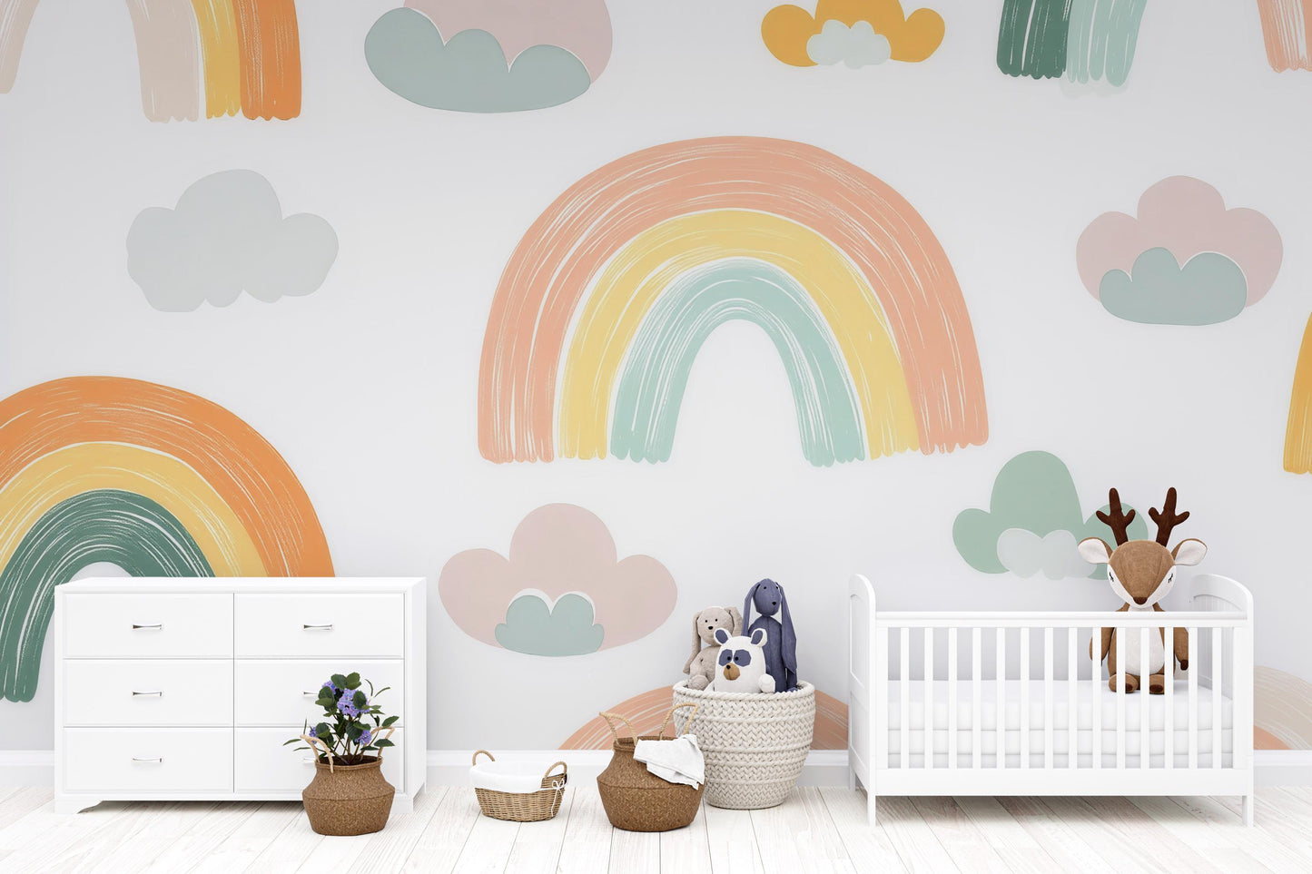 Rainbow Wall Mural – Hand Painted Pastel Clouds Wallpaper for Nursery & Kids Room Vn983
