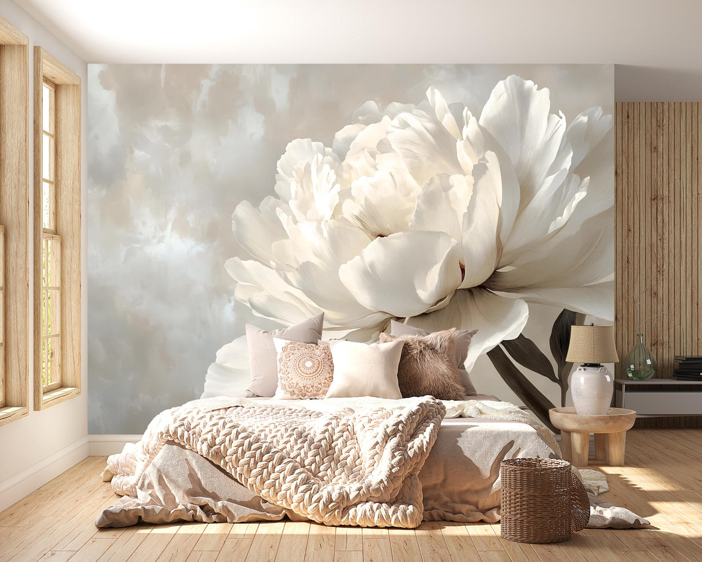 Large White Peony Wall Mural – Elegant Neutral Floral Wallpaper for Bedroom Accent Vn1051