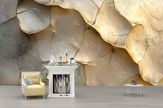 3D Cracked Earth Wall Mural | Textured Desert Dried Mud Wallpaper | Modern Neutral Gold Beige Accent Wall Decor Vn744