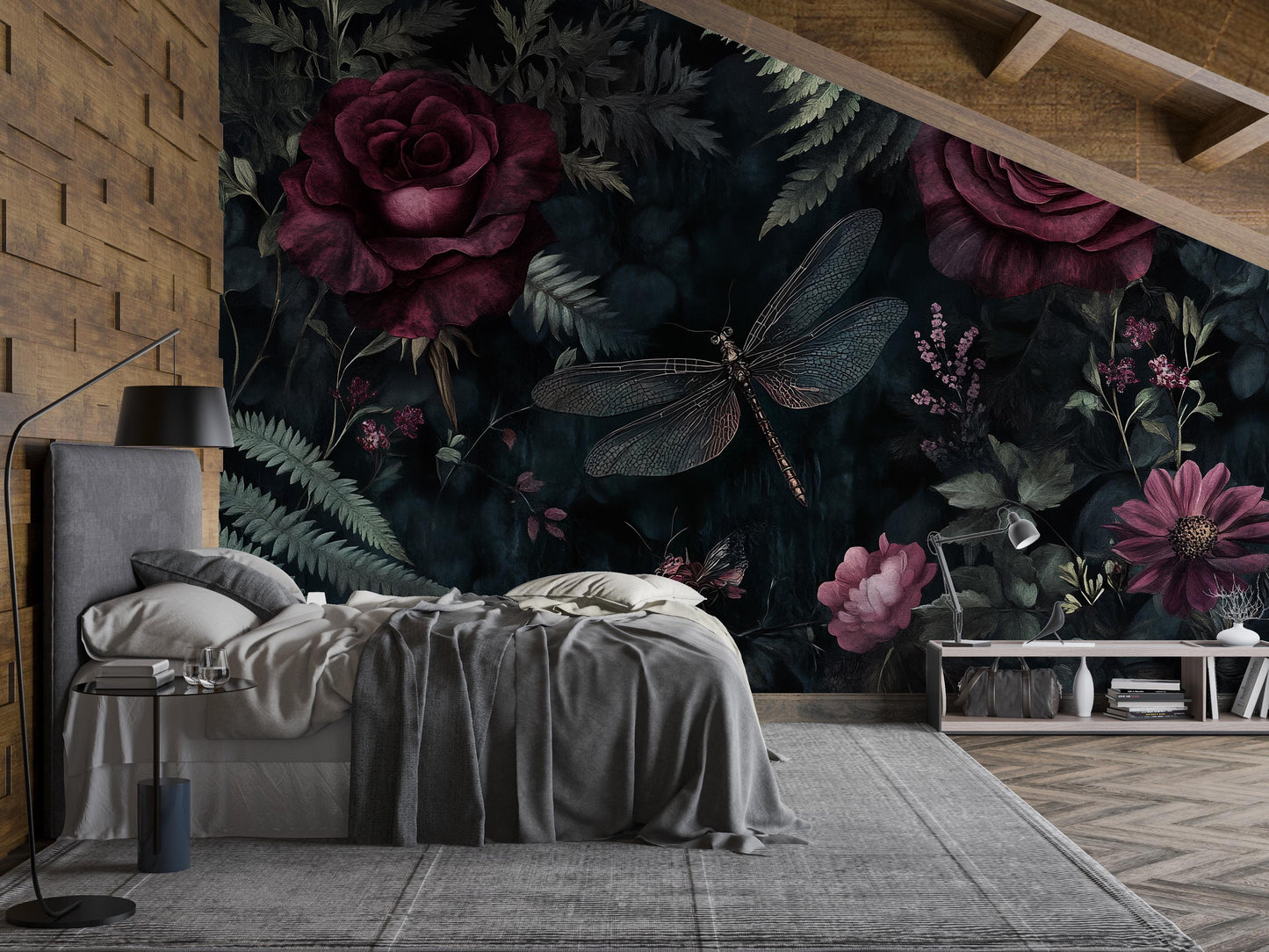 Dark Red Rose & Dragonfly Wall Art – Gothic Botanical Print Vn957