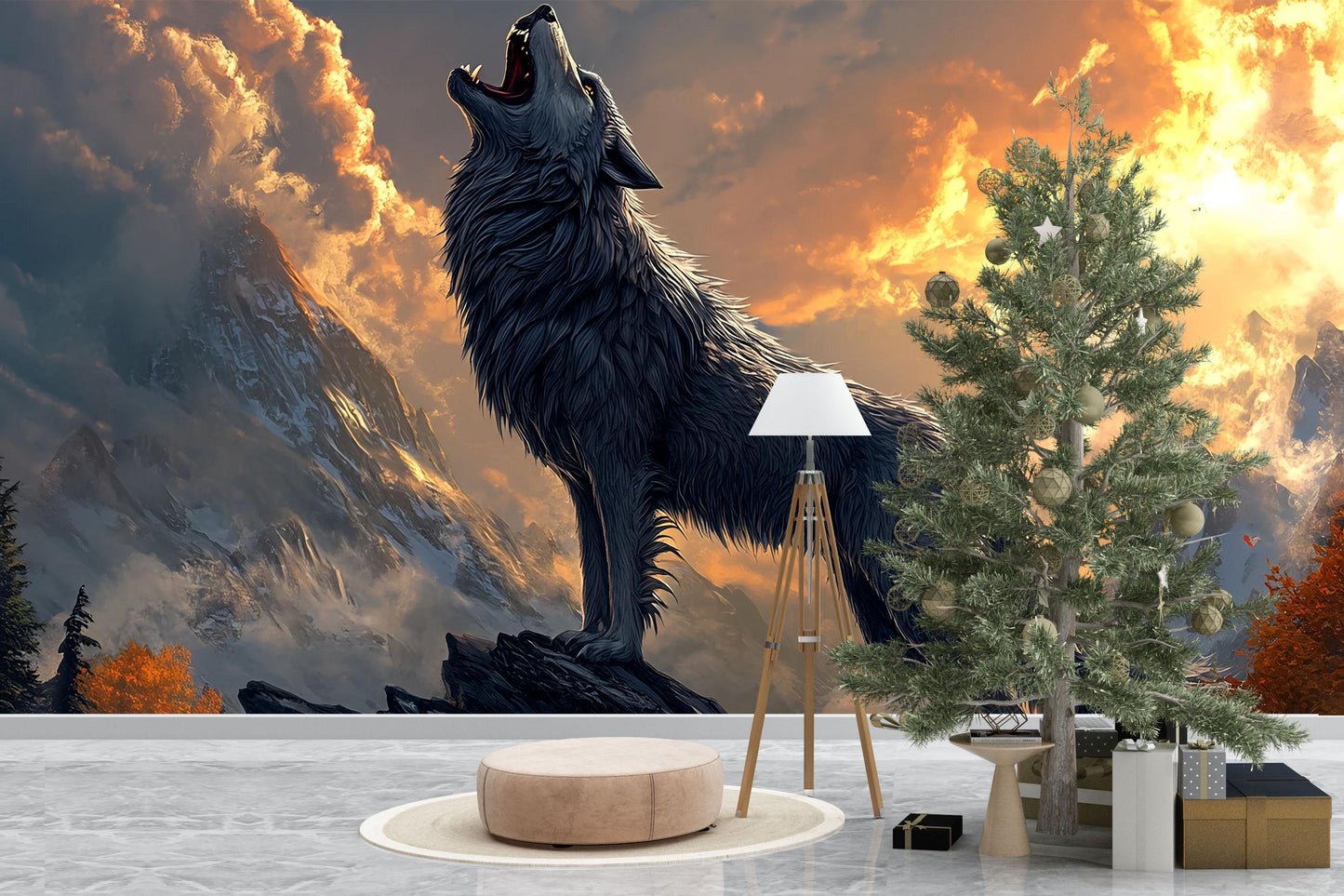 Howling Wolf Wall Mural - Mountain Sunset Forest Animal Art, Wilderness Nature Wallpaper for Living Room, Rustic Home Decor Vn599