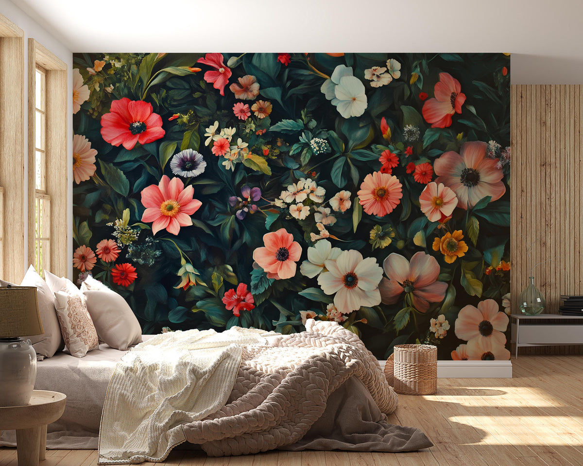 Large Floral Wall Mural for Bedroom – Dark Botanical Wallpaper – Vintage Flower Accent Wall – Peel and Stick or Traditional Vn205