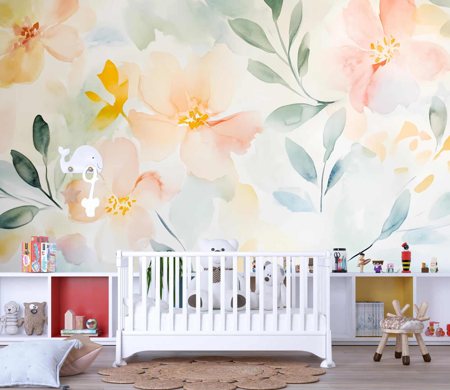 Watercolor Floral Wall Mural for Kids Room – Soft Pastel Flower Wallpaper, Removable Nursery Art Vn559