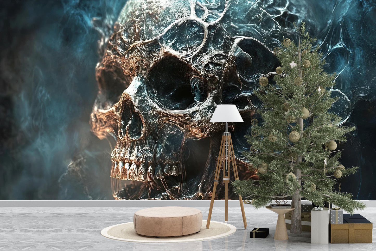 Surreal Skull Wall Mural | Gothic Abstract Art Wallpaper | Dark Fantasy Skull Tapestry | Edgy Bedroom Wall Decor Vn716