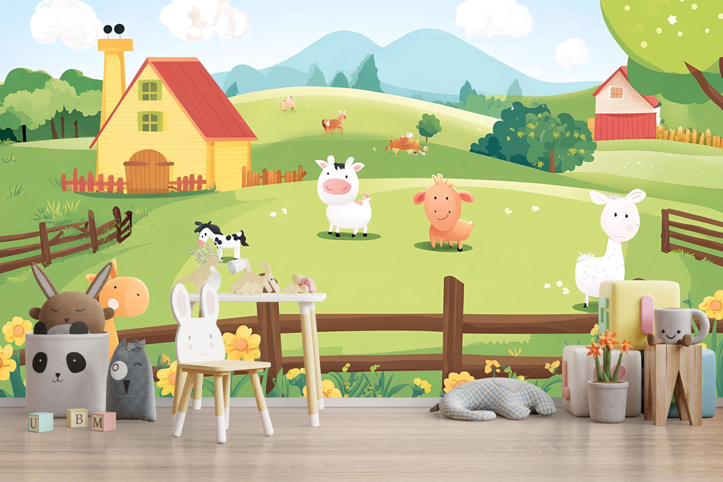 Farm Animal Wall Mural for Kids Room, Cartoon Pasture Wallpaper, Nursery Farm Decor, Cute Barnyard Wall Art Vn626