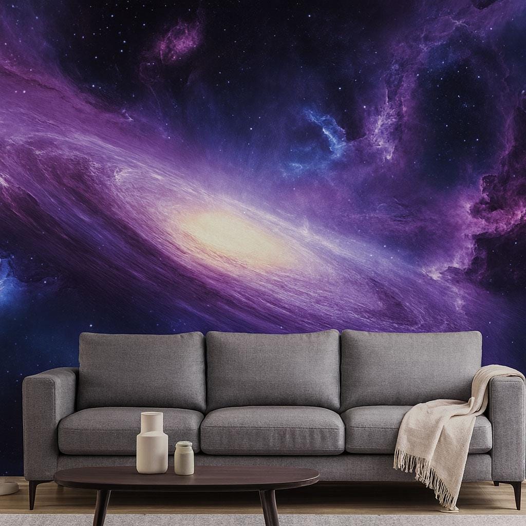 Galaxy Wall Mural – Purple Space Nebula Wallpaper, Cosmic Starry Sky Accent Wall for Kids Room or Bedroom Vn862