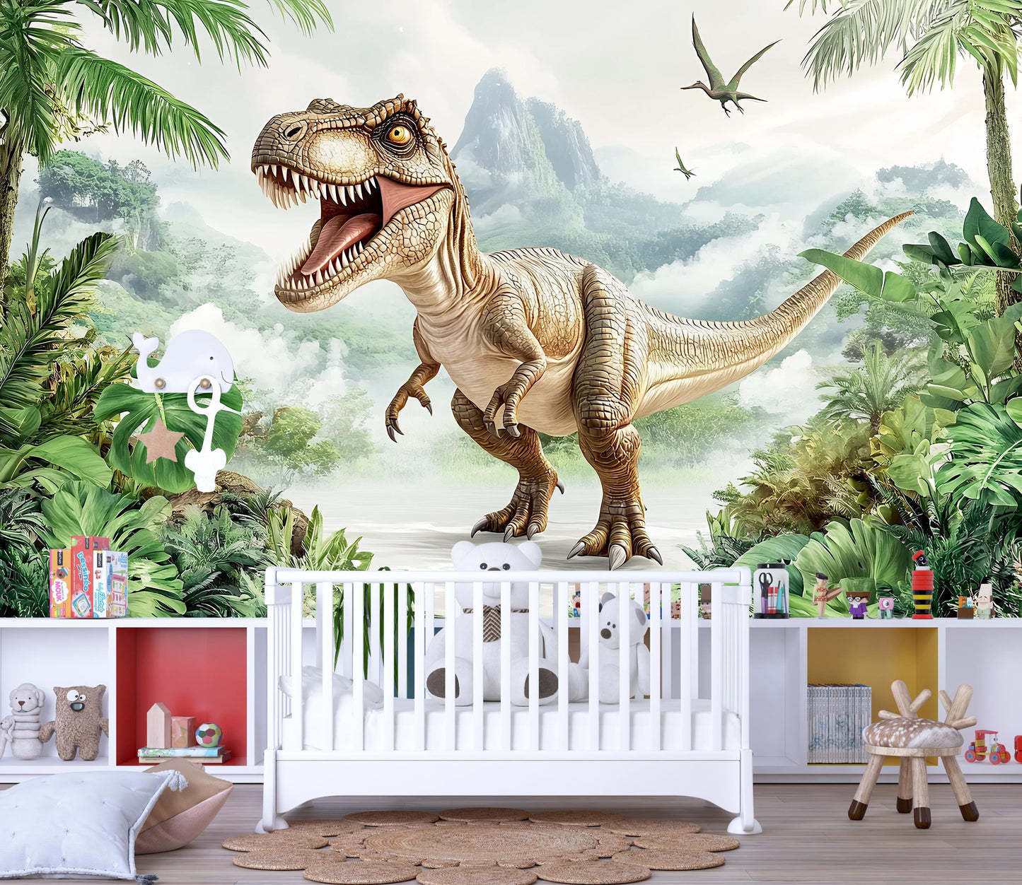 T-Rex Dinosaur Wall Mural for Kids Room – Jungle Prehistoric Wallpaper – Boys Nursery Dino Decor – Large Wall Art Poster Vn402