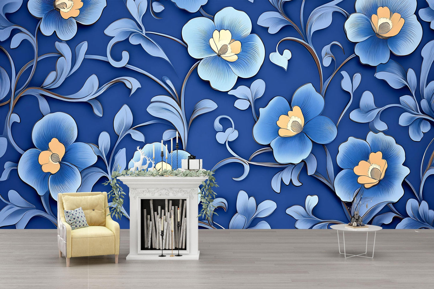Blue and Yellow Floral Wall Mural – Bold 3D Effect Botanical Wallpaper for Living Room Vn770