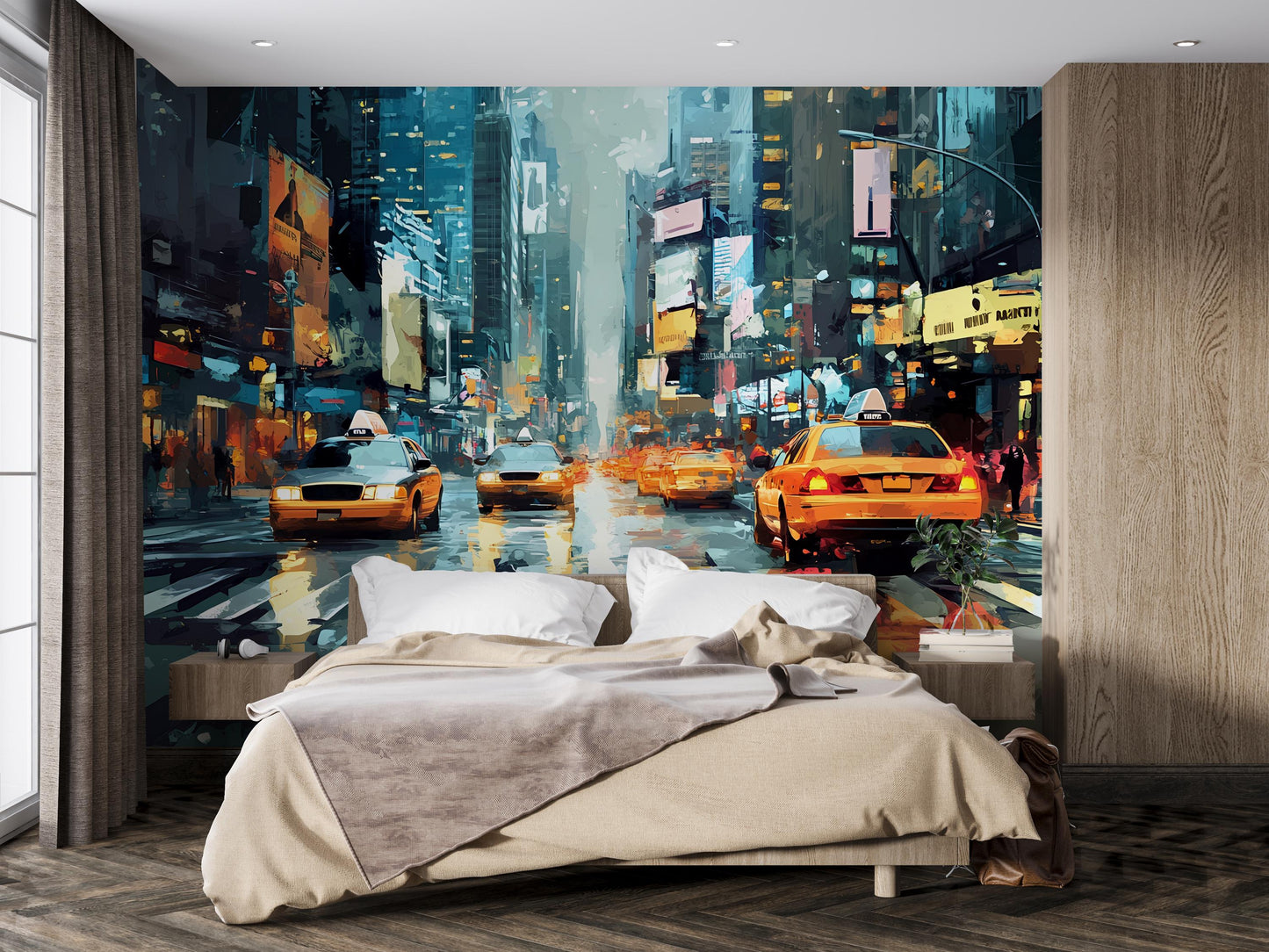 NYC Taxi Street Wall Mural – Urban Rain Cityscape Art for Bedroom or Loft Décor Vn368