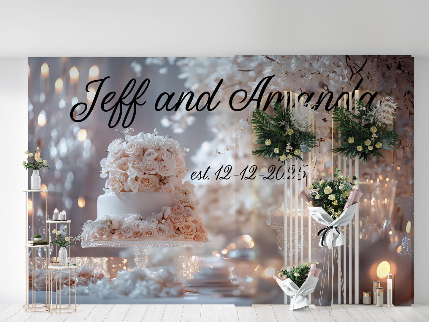Elegant Wedding Backdrop Banner with Names & Date – Personalized Floral Cake Design, Custom Photo Booth Sign Vn516