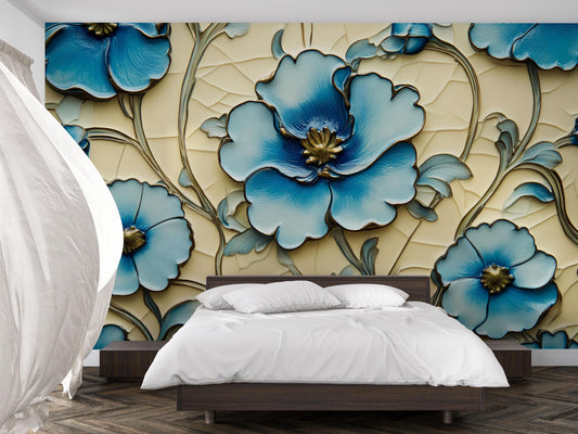 Blue Floral Wall Mural – 3D Effect Botanical Wallpaper for Living Room or Office Vn769