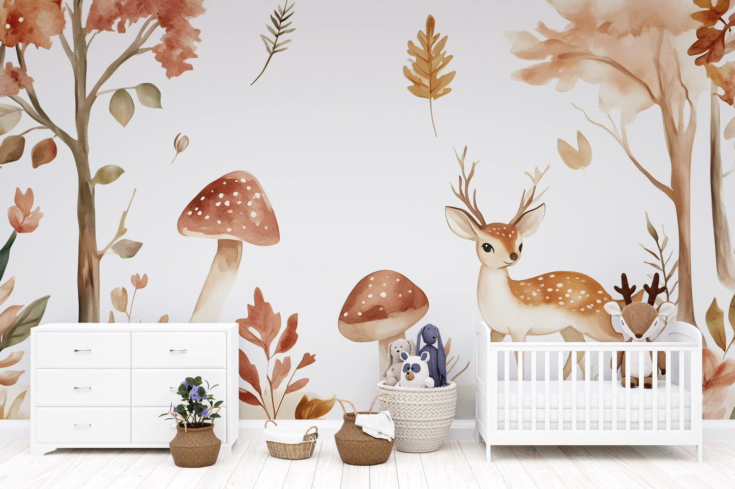 Woodland Deer Wall Mural - Nursery Forest Wallpaper - Cute Animal Kids Room Decor - Autumn Nature Scene Vn500