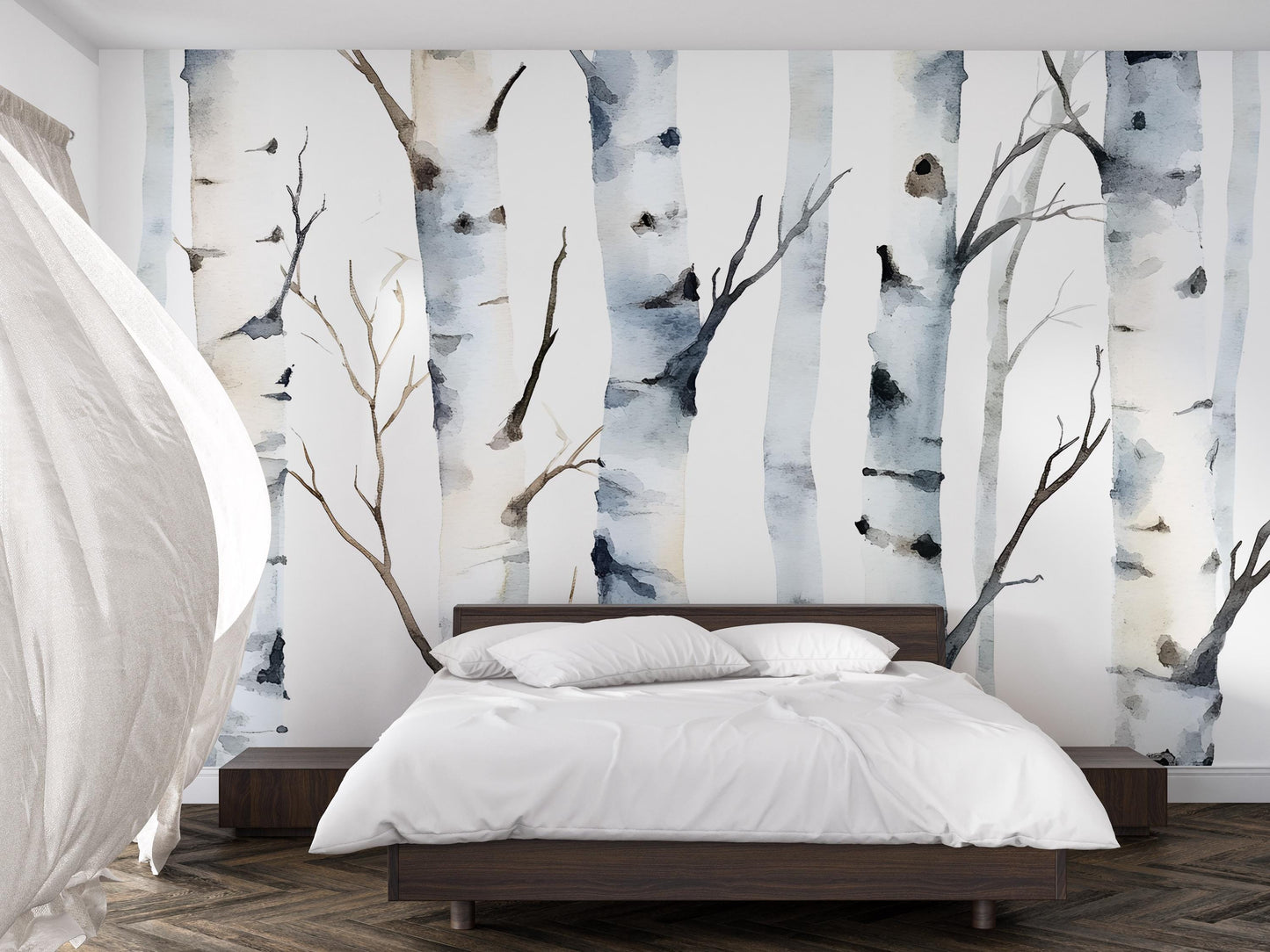 Watercolor Birch Tree Wall Mural | Forest Wallpaper for Bedroom | Scandinavian Nature Wall Art | Removable Peel and Stick Mural Vn487