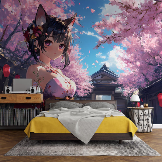 Anime Fox Girl Wall Mural – Cherry Blossom Bedroom Tapestry – Japanese Aesthetic Otaku Decor – Sakura Art Poster Vn030