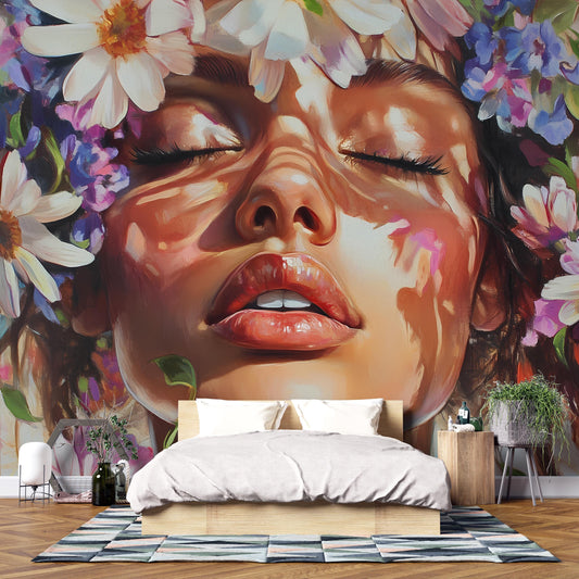 Floral Woman Wall Mural, Large Face Art Bedroom Decor, Boho Flower Headboard Wallpaper, Feminine Nature Mural, Oversized Art Print Vn137