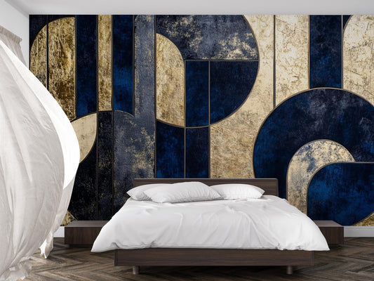 Navy Gold Geometric Wall Mural – Luxury Art Deco Wallpaper Vn961