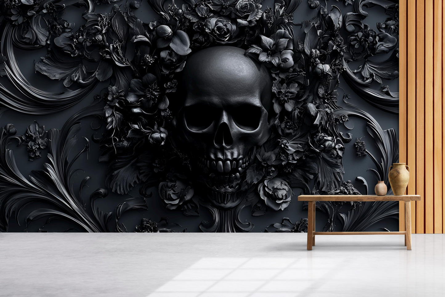 Gothic Skull Wall Mural, Dark Floral Skull Wallpaper, 3D Skull Art Bedroom Decor Vn190