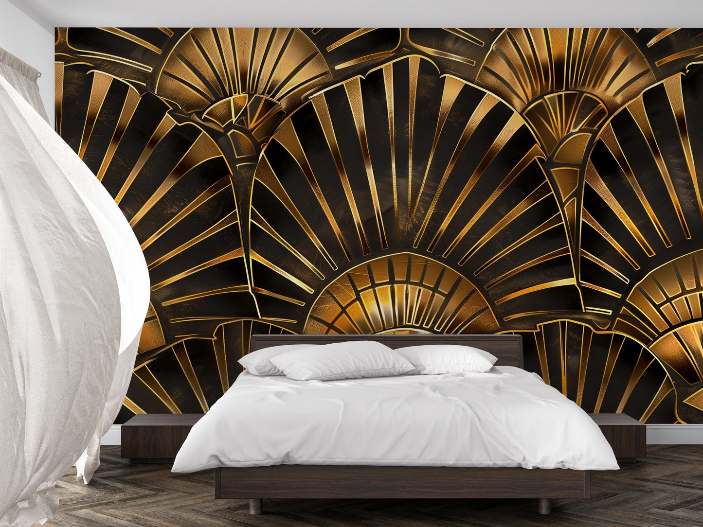 Art Deco Gold Wall Mural – Glam Geometric Fan Wallpaper in Black & Gold Luxury Style Vn1090