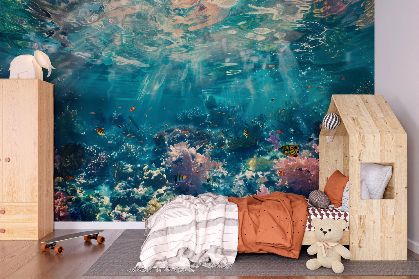 Underwater Ocean Wall Mural – Coral Reef & Fish Wallpaper, Kids Room Sea Life Accent Wall Decor for Bedroom or Playroom Vn1065